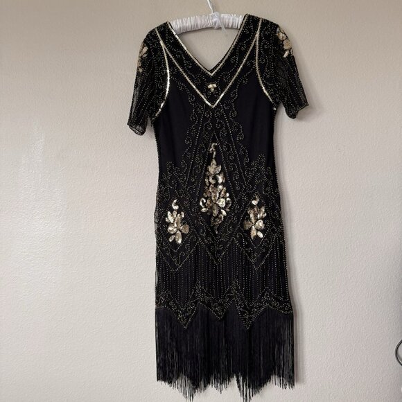 1920s Women Gold Dress V-Neck Sequin Evening Fringe Tassel Flapper Gown Black - Picture 7 of 7